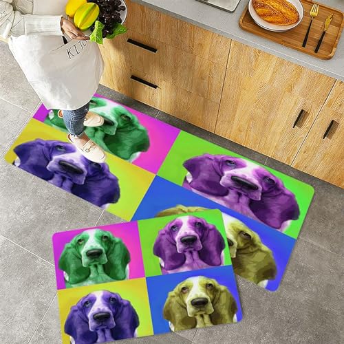QRFASFZO Küchenteppiche 2 Stück, Rutschfestes Küchenmatten,Mehrfarbige Hunde im Pop-Art-Stil,Pflegeleicht, Anti-Müdigkeit Küchenteppich Teppich Läufer für Küche (45x70+45x120cm) von QRFASFZO