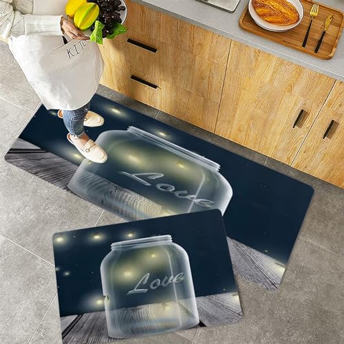 QRFASFZO Küchenteppiche 2 Stück, Rutschfestes Küchenmatten,Mitternachts-Glühwürmchen Einmachglas,Pflegeleicht, Anti-Müdigkeit Küchenteppich Teppich Läufer für Küche (45x70+45x120cm) von QRFASFZO