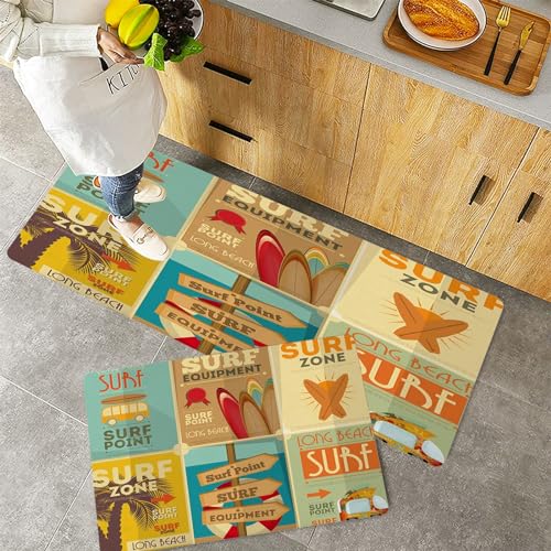 QRFASFZO Küchenteppiche 2 Stück, Rutschfestes Küchenmatten,Surf-Retro-Poster-Kollektion im Vintage-Design-Stil,Pflegeleicht, Anti-Müdigkeit Küchenteppich Teppich Läufer für Küche (45x70+45x120cm) von QRFASFZO