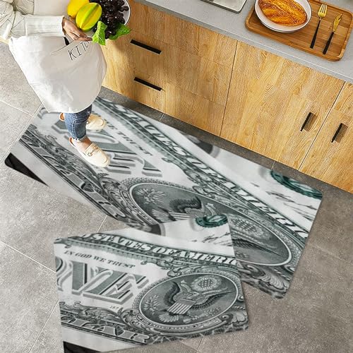 QRFASFZO Küchenteppiche 2 Stück, Rutschfestes Küchenmatten,US Dollar Bill Muster Digitaldruck,Pflegeleicht, Anti-Müdigkeit Küchenteppich Teppich Läufer für Küche (45x70+45x120cm) von QRFASFZO