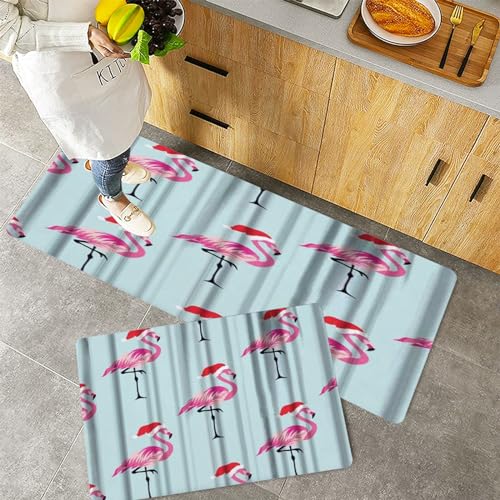 QRFASFZO Küchenteppiche 2 Stück, Rutschfestes Küchenmatten,Weihnachtsniedliche Flamingos tragen Hüte,Pflegeleicht, Anti-Müdigkeit Küchenteppich Teppich Läufer für Küche (45x70+45x120cm) von QRFASFZO