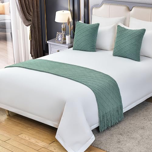 QRGMKL Einfarbig gestrickter Bettläufer Tagesdecke Diamantmuster Bettschal Luxus Decke Bettwäsche Dekor Premium Sofa Handtücher für Schlafzimmer und Hotel-Dream Green||180X60cm for 1.2m Bed von QRGMKL