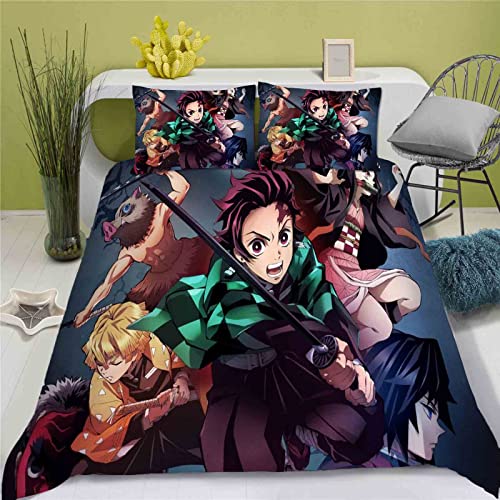 QROXY Demon Bettwäsche Set Cartoon Anime Bettwäsche Kamado 3D Drucken Mit Bettbezüge Kissenbezüge Für Jungen Mädchen (1,Single 140×210CM) von QROXY