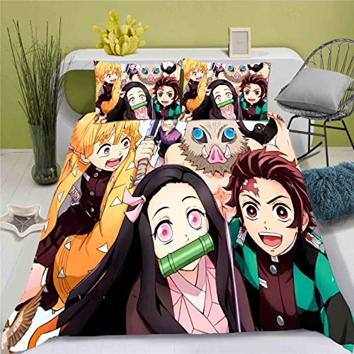 QROXY Demon Slayer Bettwäsche Set Cartoon Anime Bettwäsche Kamado Nezuko 3D Drucken Mit Bettbezüge Kissenbezüge Für Jungen Mädchen (12,Single 135×200CM) von QROXY