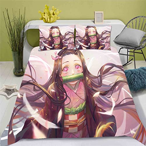 QROXY Demon Bettwäsche Set Cartoon Anime Bettwäsche Kamado Nezuko 3D Drucken Mit Bettbezüge Kissenbezüge Für Jungen Mädchen (13,Single 140×210CM) von QROXY