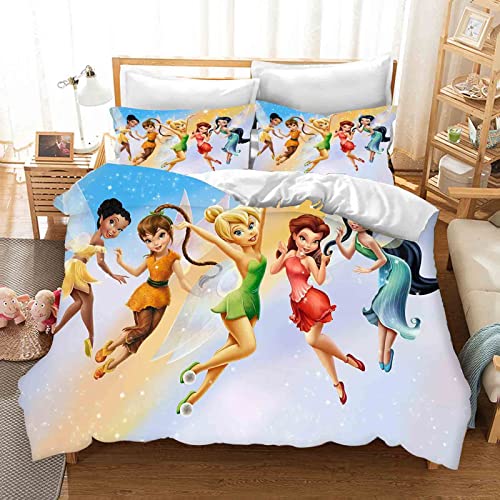 QROXY Tinkerbell Elf Bettwäsche Set Cartoon Anime Bettwäsche 3D Drucken Mit Bettbezüge Kissenbezüge Für Jungen Mädchen (9,Single 140×210CM) von QROXY