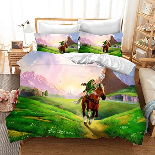 QROXY Zelda Bettwäsche-Sets Mit Kissenbezug,Kinderbettwäsche Microfaser 3D Digital Print Mit Kettenreißverschluss (3,Single 135×200CM) von QROXY