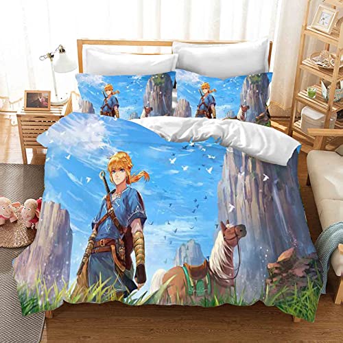 QROXY Zelda Bettwäsche-Sets Mit Kissenbezug,Kinderbettwäsche Microfaser 3D Digital Print Mit Kettenreißverschluss (4,Single 135×200CM) von QROXY