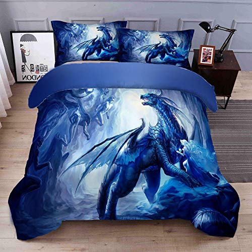 QRTQ Blau Microfaser Bettbezug Set Tier Drache Muster Bettwäsche Set mit 2 Kissenbezug Super weich Polyester hypoallergen 135x200cm von QRTQ