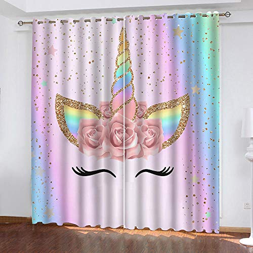 QRTQ Schlafzimmer Vorhang Polyester Regenbogen Einhorn Blume 3D Stereoskopische Gedruckt Fenster Drapieren 2 Set Home Schlafzimmer Dekoration 220x215cm von QRTQ