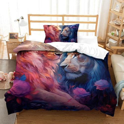 Lion Bettbezug-Set Bedrucktes Weiches Mikrofaser-Bettwäsche-Set Für Erwachsene Teenager Kinder 3 Stück Mit Reißverschluss Für Heimtextilien Single（135x200cm） von QRWEW