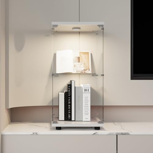QSFCUB Vitrine aus LED-Glas, Vitrinenschrank für Sammlung, Vitrinen auf Fuß, 2-lagiger Schrank mit Schloss, Kuriositätsschrank für Sammler, Vitrinen (1 Tür, 2 Einlegeböden + LED, weiß) von QSFCUB