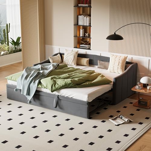 Tagesbett ausziehbar 90/180x200 cm, gepolstertes Schlafsofa mit Ausziehbett, Gästebett ausziehbar für Doppelbett, Schlafsofa für Erwachsene 2 Personen, Samt ohne Matratze (Grau D) von QSFCUB