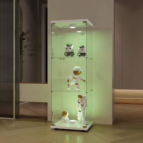 Vitrine aus LED-Glas, Vitrinenschrank für Sammlung, Vitrinen auf Fuß, 3-lagiger Schrank mit Schloss, Schaufenster für Wohnzimmer, Büro (1 Tür, 3 Ablagen + LED, weiß) von QSFCUB