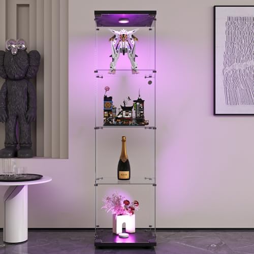Vitrine aus LED-Glas, Vitrinenschrank für Sammlung, Vitrinen auf Fuß, 4-lagiger Schrank mit Schloss, Schaufenster für Wohnzimmer, Büro (1 Tür, 4 Einlegeböden + LED, schwarz) von QSFCUB