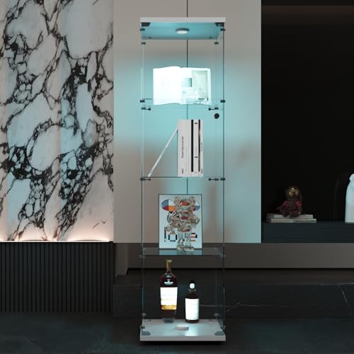 Vitrine aus LED-Glas, Vitrinenschrank für Sammlung, Vitrinen auf Fuß, 4-lagiger Schrank mit Schloss, Schaufenster für Wohnzimmer, Büro (1 Tür, 4 Einlegeböden + LED, weiß) von QSFCUB