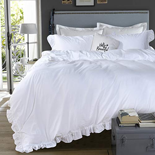 QSH Weißer Rüschen-Bettbezug für Queen-Size-Betten, 100 % gewaschene Baumwolle, Bauernhaus, Shabby-Boho-Chic, Bettbezug, 3-teilig, Vintage-Stil, ästhetisch, extra weich, atmungsaktiv von QSH