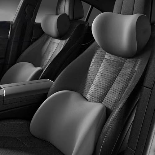 QSJKLC Lendenwirbelstützkissen und Auto-Kopfstütze Nackenkissen Set für Tesla Model 3/Model Y/Model S/Model X, Memory Foam Auto Kopfstütze Kissen, Abnehmbarer,Grey-Headrest and Lumbar Cushion von QSJKLC