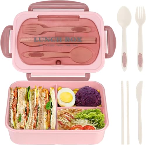QSOURL Bento Box, 40 Unzen Lunch container für Erwachsene, auslaufs ichere Lunchbox mit Besteck, 3-fache Lunchbox, geeignet für Mikrowellen-Safe, Mahlzeit Obst und Snack Box von QSOURL