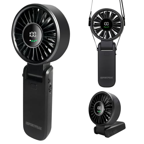 3 IN 1 Mini Ventilator, Tragbarer Handventilator mit LED Anzeige(10H Standby), Tragbar mit 5 super starken Windstufen, Bürstenlosen Motor, Handventilatoren mit Akku Aufladbar für Outdoor (Schwarz) von QSPORTPEAK