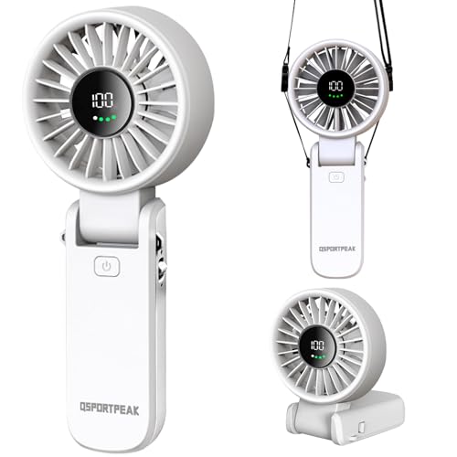Handventilator,Leistungsstarker tragbarer Ventilator mit LED Anzeige, Geschwindigkeit(1-100),Bürstenlosen Motor,4000 mAh, 3-IN-1 Hand/Schreibtisch/Halsventilator, Mini Ventilator für Reisen (Weiß) von QSPORTPEAK
