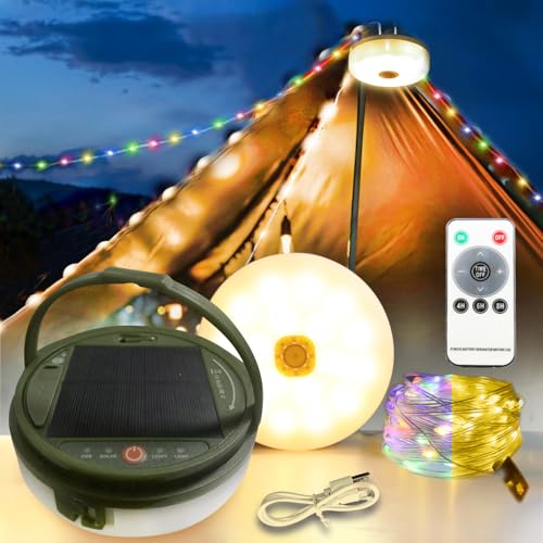 QSPORTPEAK Solar Camping Lichterkette Aussen 12M, 8 Beleuchtungsmodi, 3600mAh Aufrollbar Campinglampe Solar mit Fernbedienung und USB Wiederaufladbare für Camping,Hof und Wandern von QSPORTPEAK