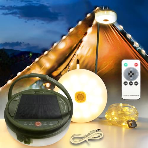QSPORTPEAK Solar Camping Lichterkette Aussen 12M,Solar & USB Aufladung Camping Lampe Tragbare 3600mAh, Solar Camping 8 Beleuchtungsmodi für Camping,Hof und Wandern (Warmweiß) von QSPORTPEAK