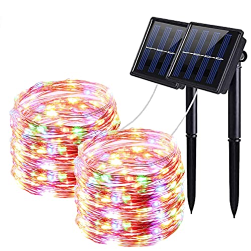 QSPORTPEAK Solar Lichterkette Aussen, 2x12M 100 LED Solarlichterkette Außen Wetterfest 8 Modi IP65 Wasserdicht Kupferdraht Lichterkette Außen Solar Outdoor für Balkon Garten Party Hochzeit Deko Bunt von QSPORTPEAK