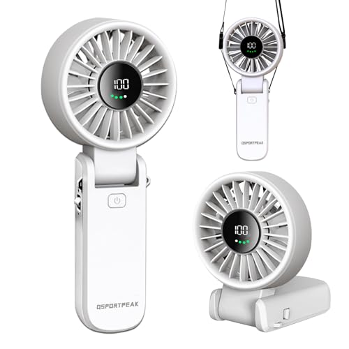 QSPORTPEAK Tragbarer Handventilator, Einstellbare Geschwindigkeit(1-100),Mini Ventilator mit 4000mAh Akku,LED-Anzeige,180° verstellbarer,Für Frauen Männer Reisen/Camping/Outdoor,Weiß von QSPORTPEAK