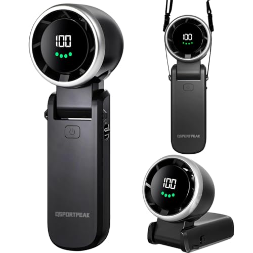 QSPORTPEAK Tragbarer Handventilator,Turbo Mini Ventilator Einstellbare Geschwindigkeit(1-100),Bürstenlosen Motor, 3-IN-1 Hand/Schreibtisch/Halsventilator, Für Reisen/Camping/Outdoor (Schwarz) von QSPORTPEAK