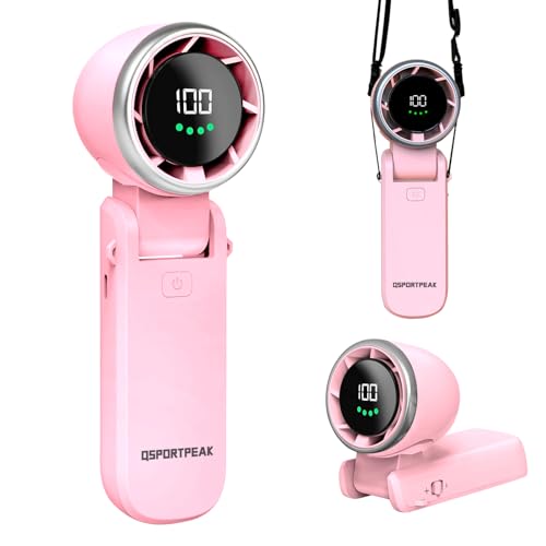 QSPORTPEAK Tragbarer Handventilator mit Air Turbo Tech, mit LED Anzeige(12H Standby),5 Geschwindigkeiten, Bürstenlosen Motor, 3-in-1 Mini-Ventilator für Outdoor, Reisen und Büro (Rosa) von QSPORTPEAK