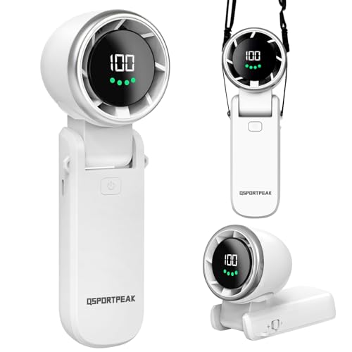 QSPORTPEAK Tragbarer Handventilator mit Air Turbo Tech, mit LED Anzeige(12H Standby),5 Geschwindigkeiten, Bürstenlosen Motor, 3-in-1 Mini-Ventilator für Outdoor, Reisen und Büro (Weiß) von QSPORTPEAK