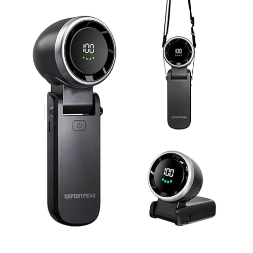 QSPORTPEAK Tragbarer Mini-Lüfter mit 4000-mAh-Akku, USB-Lüfter, faltbarer Handlüfter, turbostarker lüfterloser kleiner Taschenlüfter mit LED-Display, geeignet für Reisen/Camping/Outdoor, Schwarz von QSPORTPEAK
