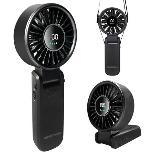 QSPORTPEAK Tragbarer Mini-Lüfter mit 4000-mAh-Akku,USB-Lüfter, faltbarer Handlüfter,Einstellbare Geschwindigkeit(1-100), Digitales Display, geeignet für Reisen/Camping/Outdoor, Schwarz von QSPORTPEAK