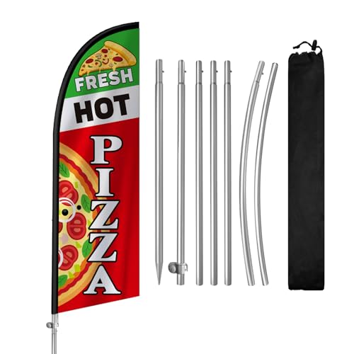 Flagge mit Federn, 2,4 m, mit Edelstahl-Fahnenmast, Erdspieß, frische heiße Pizza-Schilder für Unternehmen und Geschäfte von QSUM