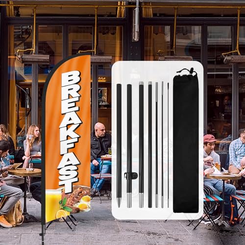 QSUM Breakfast-Federflagge,8FT Breakfast-Werbe-Swooper-Flagge mit Stangen-Set, Erdspieß,Breakfast-Schilder für Unternehmen und Schaufenster von QSUM