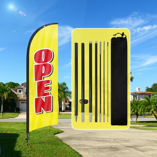 QSUM Open-Federflagge,8FT Open-Werbe-Swooper-Flagge mit Stangen-Set, Erdspieß,Open-Schilder für Unternehmen und Schaufenster(Gelb) von QSUM