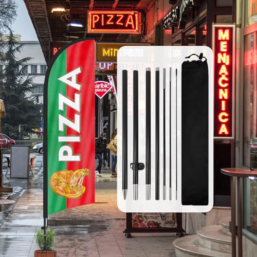 QSUM Pizza-Federflagge,8FT Pizza-Werbe-Swooper-Flagge mit Stangen-Set, Erdspieß, Pizza-Schilder für Unternehmen und Schaufenster von QSUM
