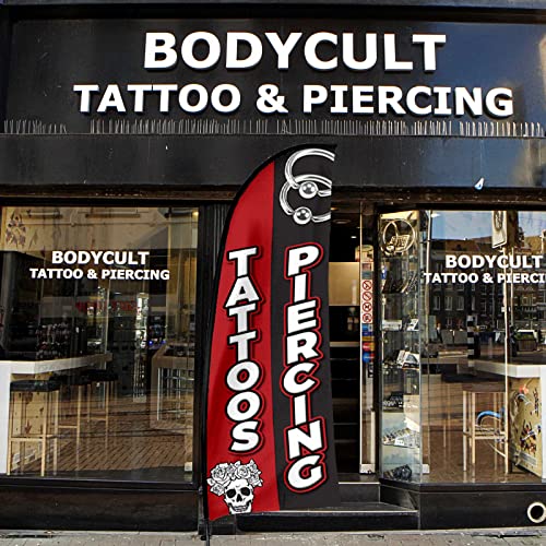 QSUM Tattoos Piercing Swooper Flagge und Pole Kit und Erdspieß, 2,7 m Upgrade Winddichte Feder Flagge Business Werbung Schild für Tattoos Store Verkäufe von QSUM