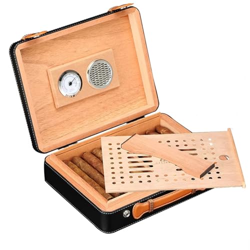 QSWLHLYY Tragbares Zigarrenetui Aus Leder, Futter Aus Zedernholz Mit Tragbarem Luftbefeuchter Und Professionellem Zigarren-Hygrometer, Dose FüR 30 Zigarren, Geschenke FüR Zigarrenliebhaber Black von QSWLHLYY