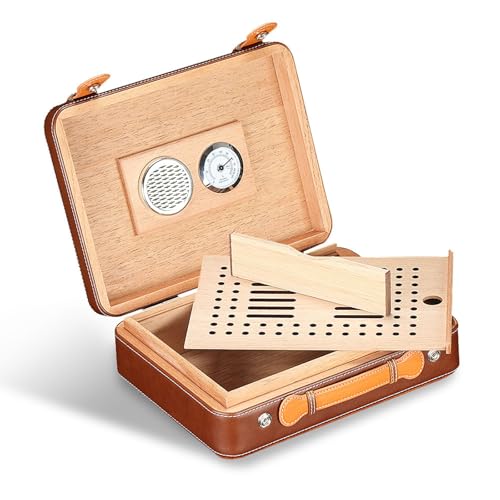 QSWLHLYY Tragbares Zigarrenetui Aus Leder, Futter Aus Zedernholz Mit Tragbarem Luftbefeuchter Und Professionellem Zigarren-Hygrometer, Dose FüR 30 Zigarren, Geschenke FüR Zigarrenliebhaber Brown von QSWLHLYY