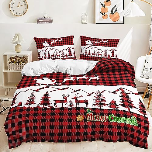 QSYEDR Weihnachts-Bettbezug-Set 200X200,Rot-Schwarz Kariert und mit Rentier-Weihnachtsbaummuster,Bettbezug für Mädchen und Jungen,Weiche Mikrofaser-Bettwäsche für das Winterfest,Doppelbett von QSYEDR