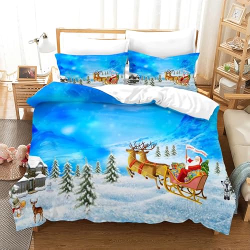 QSYEDR Weihnachts-Bettbezug-Set 220X200,Weihnachtsmann,Rentierschlitten,Schneemann und Bäume,Bettbezug-Set 220X200 für Jungen und Mädchen,Winterfest-Bettwäsche-Set mit Kissenbezug,Kingsize von QSYEDR