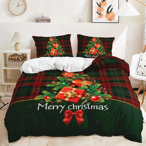 QSYEDR Weihnachts-Bettbezug-Set 240X220,Rot-Grün Kariert und mit Weihnachtsbaum,Bettwäsche-Set für Mädchen-und Jungen-Schlafzimmer,Weicher Mikrofaser-Bettbezug mit Reißverschluss,Super-Kingsize von QSYEDR