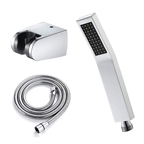 Handheld Duschkopf Set Messing Hand gehalten Duschkopf Niederschlag Duschhead Ein Sprühmodus Massage Spa Duschhead Quadrat Handduschkopf mit Silikondüse, Duschschlauch, Schwarz, Chrom von QSYJCCXD