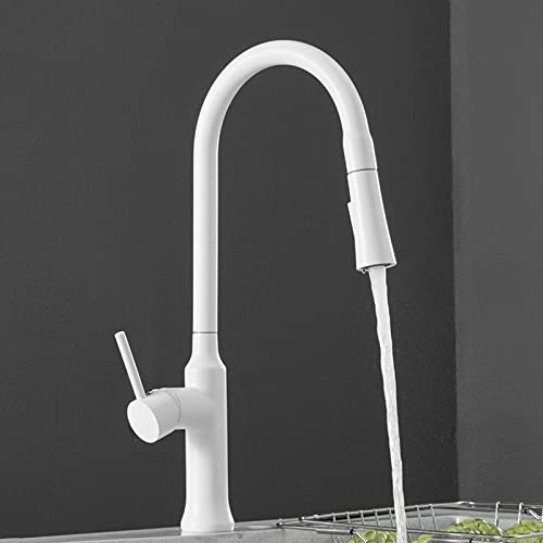 Modernes Messing Küchenspüle Wasserhahn mit Auszugssprühgerät und 360 ° Rotation Eingriff ein Griff Heißer und kaltes Wassermischer 2 Ausgabemodi weiße Finish ideal für Küchenumbauten und Upgrades von QSYJCCXD