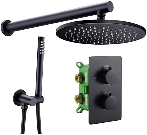 Thermostatischer Duscharmaturen -Set Matt Schwarzes Messing Duschsystem Set Ventil versteckte Thermostatverkleidung mit Zwei -Wege -Kontroll -Kit Regendusche mit Duschkopf und Duschschlauch, 10 I, 12 von QSYJCCXD