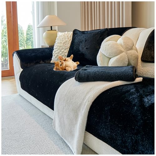 QSZTJJ Samt Sofabezug 1 2 3 4 Sitzer, L Form Sofaüberwurfe, Ultra Weicher Sofaschoner,Überzug Couchbezug Sofa/Couch Wurfdecke Eckcouch 3/2/1 Sitzer Sofaschutz (Schwarz,90×160cm) von QSZTJJ