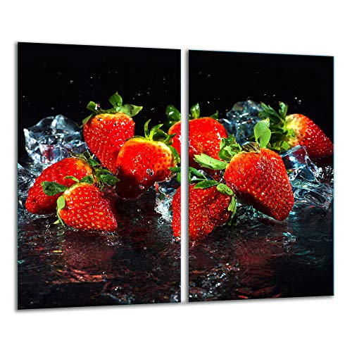 QTA | Herdabdeckplatten 2x30x52 cm Ceranfeld 2-Teilig Universal Elektroherd Induktion für Kochplatten Herdschutz Deko Schneidebrett Sicherheitsglas Spritzschutz Glas Früchte von QTA