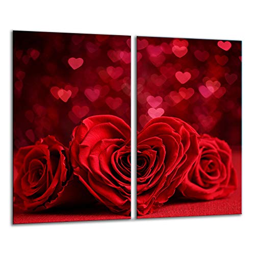 QTA | Herdabdeckplatten 2x30x52 cm Ceranfeld 2-Teilig Universal Elektroherd Induktion für Kochplatten Herdschutz Deko Schneidebrett Sicherheitsglas Spritzschutz Glas Rot Rose Herz von ANGEL CITIZ